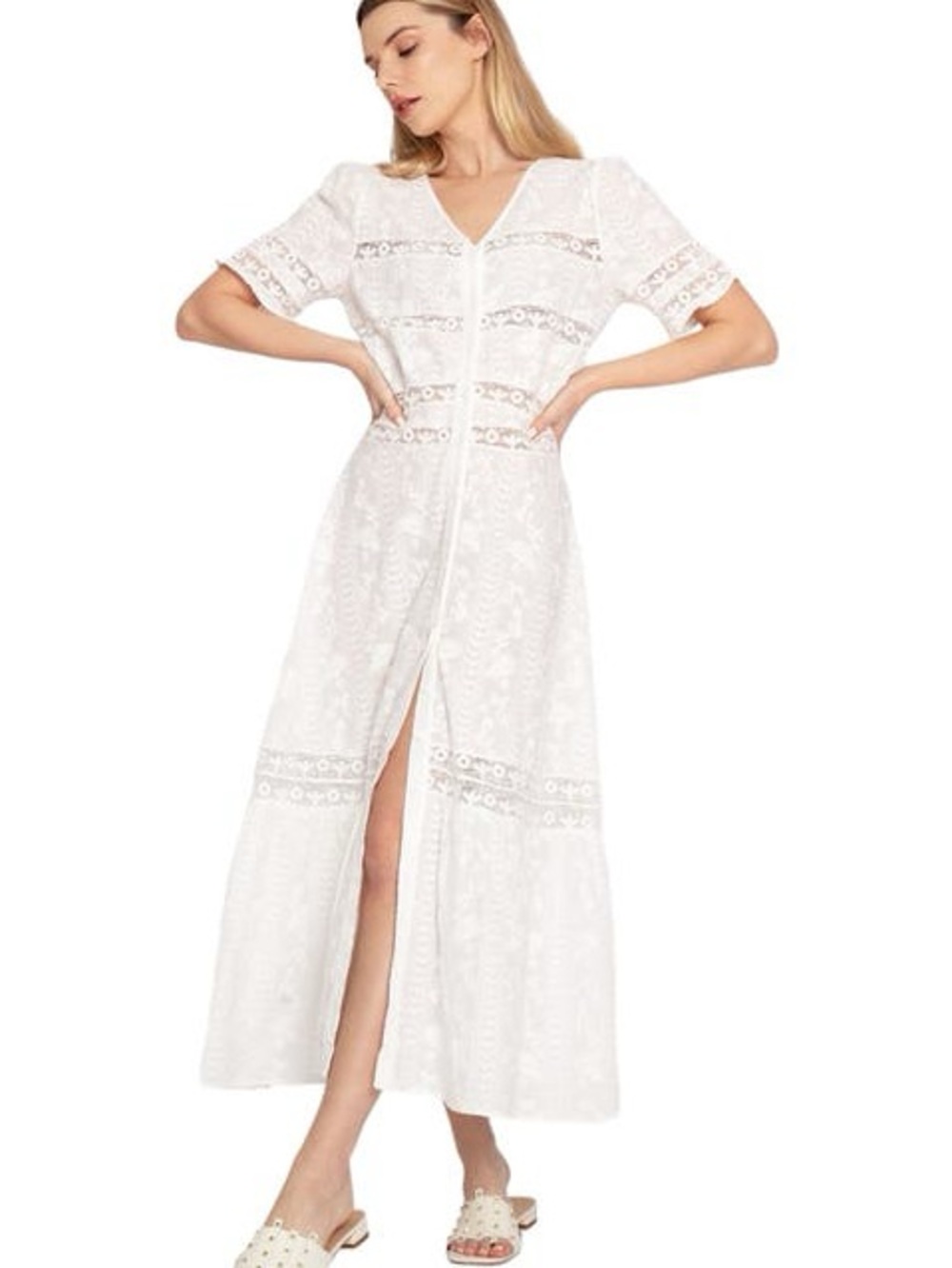White Lace V-Neck Maxi Dress with Short Sleeves NWT